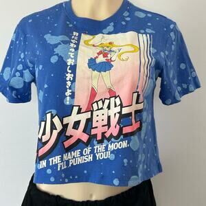 Official Sailor Moon Anime Bleach Splatter Crop Top XS Blue Graphic Tee Y2K